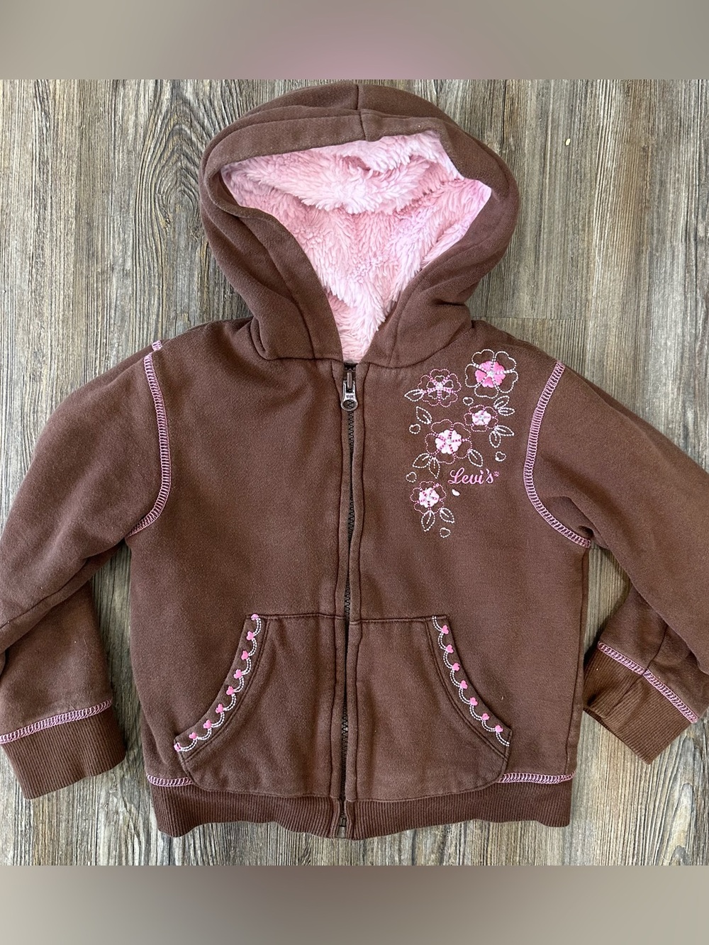 Levi's Y2K Brown & Pink Floral Embroidery Zip Up Jacket Pink Fur Hood Girls 5